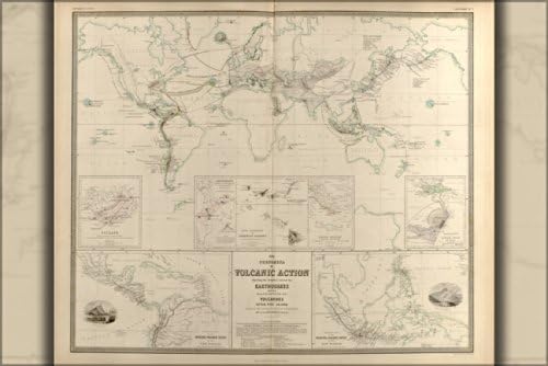24 x 36 Galeri Poster, Volcanology Dünya haritası Volkan Eylem 1848