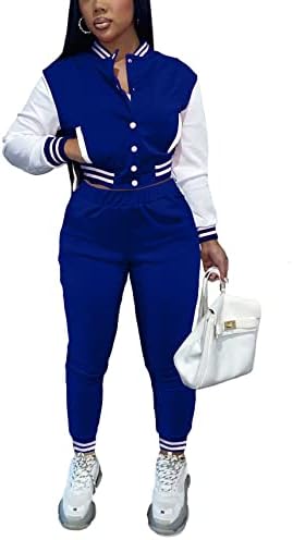 Kadın 2 Parça Kıyafetler Rahat Eşofman Beyzbol Üniversite Ceket Uzun Kollu Mahsul Tops + Uzun Pantolon Setleri Eşofman Clubwear