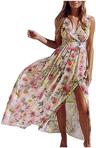 Şifon uzun Elbise için kadın Rahat Elbiseler Kolsuz Bölünmüş Çiçek Baskı Plaj Uzun Maxi Elbise V Yaka Wrap Dresse