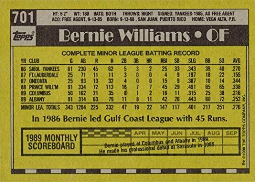 1990 Topps Beyzbol 701 Bernie Williams Çaylak Kartı