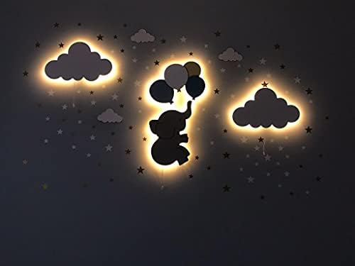 Mutlu fil ile balonlar duvar ışık, kreş gece ışık Set ahşap büyülü kreş duvar ışıkları. (Pembe)