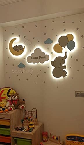 Mutlu fil ile balonlar duvar ışık, kreş gece ışık Set ahşap büyülü kreş duvar ışıkları. (Mavi)