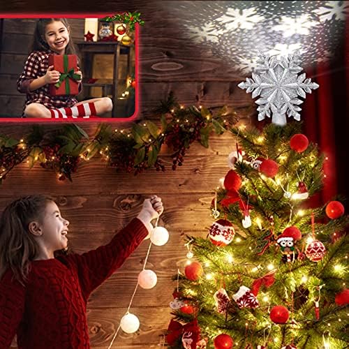Noel Ağacı Topper, 10 Kar Tanesi Noel ağacı Topper ile LED Dönen Projektör, 3D Glitter Işıklı Şerit Kar Ağacı Topper için Noel