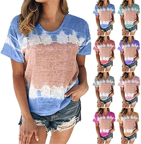 Andongnywell kadın Kısa Kollu T Shirt Rahat Renk Blok Yuvarlak Boyun Bahar Tops Bluzlar Tunikler