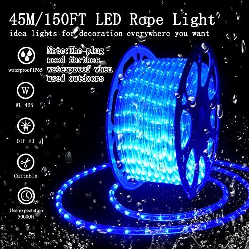Mavi LED Işıklar, 150ft Halat Işıkları,Su Geçirmez Esnek 110V Halat Aydınlatma Kesilebilir Bağlanabilir, Yüksek Parlaklık Mavi