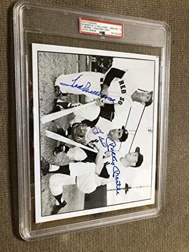 Ted Williams Mickey Manto Yogi Berra 8x10 Fotoğraf Fotoğraf Resim İmzalı İmzalı Otomatik PSA / DNA COA Beyzbol MLB GEM MT 10
