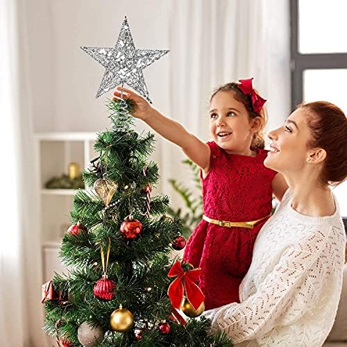Noel Ağacı Topper Yıldız, Noel Ağacı Ev Dekorasyon için Işıltılı Metal Noel Treetop, 8 inç (Gümüş)