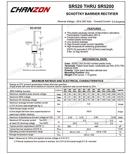 (20 Parça paketi) Chanzon SR540 (SB540) Schottky Bariyer Doğrultucu Diyotlar 5A 40 V DO-201AD (DO-27) Eksenel 5 Amp 40 Volt