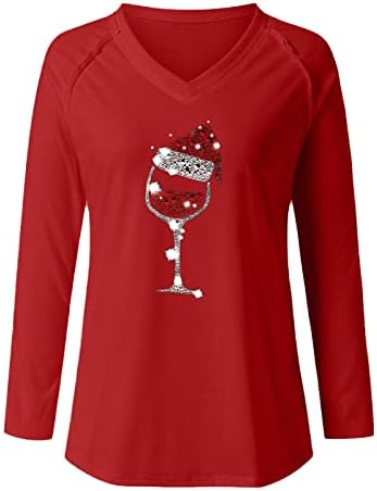 Mimacoo Noel Gömlek için Bayan Noel Kırmızı Şarap Cam Baskı Kazak Crewneck Uzun Kollu Bluz Trendy Casual Tunik Tops