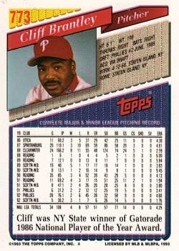1993 Topps Altın Beyzbol 773 Cliff Brantley Philadelphia Phillies Topps Şirketinden Resmi MLB Ticaret Kartı