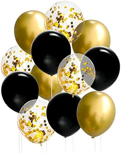 50 Adet 12 İnç Siyah ve Altın Balonlar, Altın Konfeti Balonları, Siyah ve Altın Metalik Krom Lateks Balonlar Doğum Günü Partisi