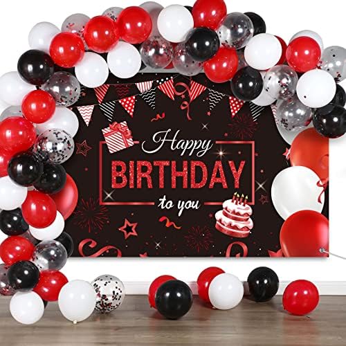 Kırmızı ve Siyah Doğum Günü Parti Süslemeleri 50 Parça Kırmızı Siyah Balonlar Çelenk Kiti Mutlu Doğum Günü Zemin Banner Burcu