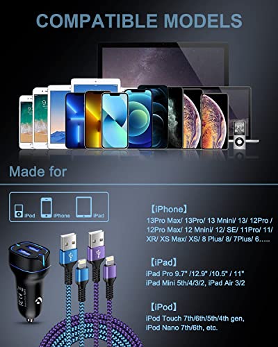 Telefon Araç Şarj, çift Bağlantı Çakmak Adaptörü + 2 Pack-3FT Yıldırım Kabloları Hızlı Şarj için iPhone 13 12 Pro Max Mini 11Pro
